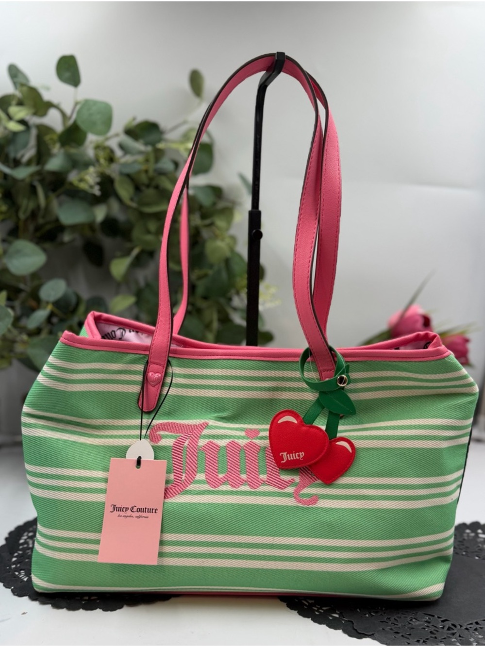 Juicy Couture Paradise Tote Green Stripe Pink Trim Heart Cherry Charm NWT